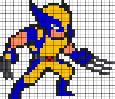 Wolverine Pixel Art Pattern Kandi Cuff Patterns, Melty Bead Patterns, Fuse Bead Patterns, Kandi Cuff, Pony Bead Patterns, 8bit Art, Pixel Art Templates, Perler Bead Templates, Pixel Art Characters