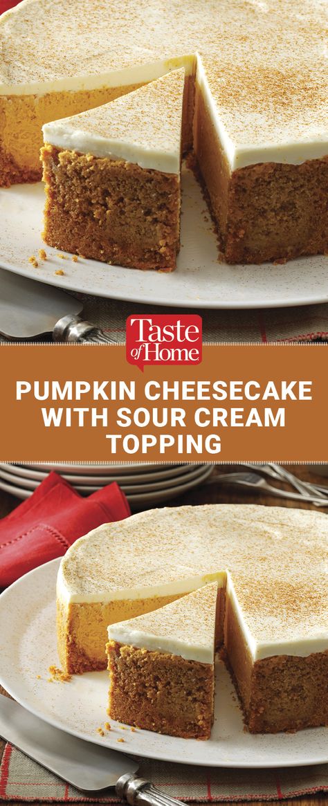 Recipe from Taste of Home Pumpkin Cheesecake Taste Of Home, Taste Of Home Cheesecake, Costco Pumpkin Cheesecake Recipe, Cheesecake With Sour Cream Topping, Cheesecake With Sour Cream, Cheesecake Treats, Sour Cream Topping, Sour Cream Cheesecake, Cheescake Recipe