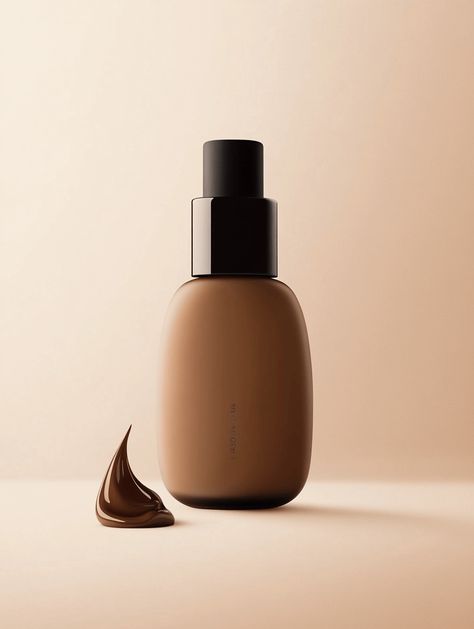 Elegant and minimalistic, this rich brown foundation bottle stands gracefully beside a glossy drop, set against a soft beige backdrop. Foundation Bottle, Beauty Ecommerce, Brown Foundation, Beige Backdrop, Bottle Stand, Soft Beige, Website Template, Beauty Products, Foundation