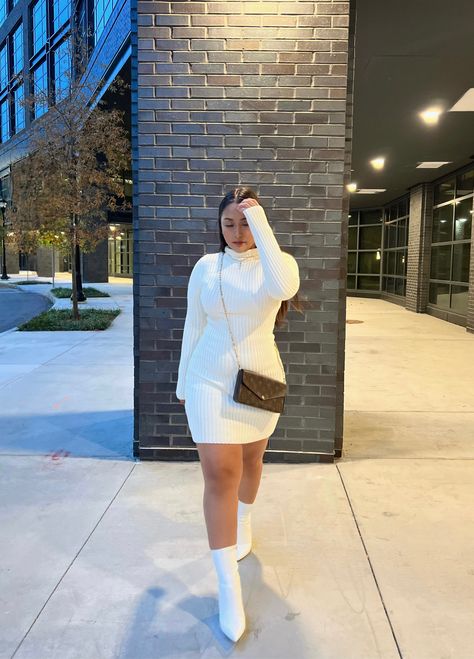 Sweater Dress Birthday Outfit, White Boots Outfit Black Women, White Ankle Boots Outfit Winter, Sweater Dress Outfit Black Women, Dress With Tights And Heels, White Chelsea Boots Outfit, White Dress With Boots, Boots Sweater Dress, White Ankle Boots Outfit