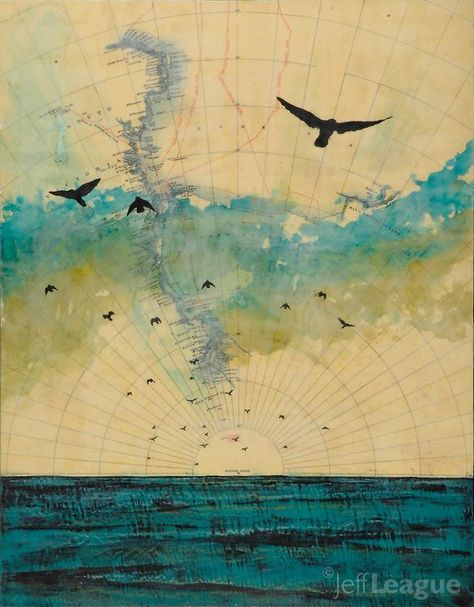 Mixed media photo transfer and encaustic painting by Jeff League of crows over antique map of Antarctica. Encaustic Photography, Map Collage, Encaustic Mixed Media, Wax Art, Mixed Media Photography, Photo Transfer, Encaustic Art, Tableau Art, Encaustic Painting