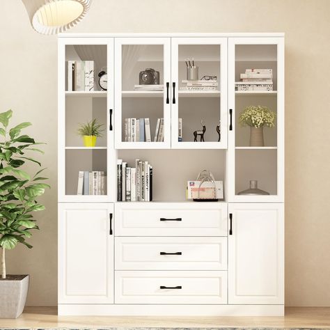 Homsee Tall Bookcase Bookshelf with Storage Shelves, 3 Drawers & 4 Glass Doors, Wooden Display Storage Cabinet with 11 Compartments for Home Office, Living Room, White (63”W x 15.7”D x 78.7”H Modular Cabinets, Bookcase With Glass Doors, Large Bookcase, Cabinet With Drawers, Pantry Storage Cabinet, Wooden Storage Cabinet, Dining Cabinet, Kitchen Pantry Storage, Dining Room Buffet