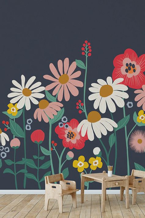 Flower Mural Kids Room, Kids Flower Mural, Mural Art Flowers, Wall Flowers Painting, Mobile Home Paint Ideas, Flower Mural Nursery, Mural Flowers Wall, Wall Murals Art Ideas, Wall Painting For Garden