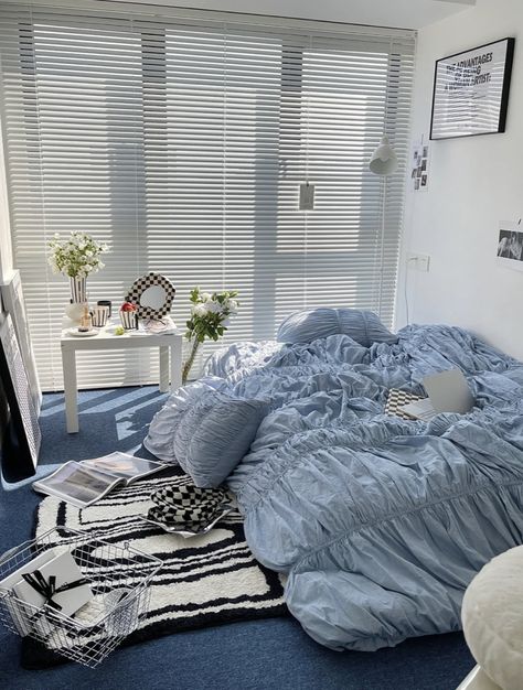 Blue Furniture Aesthetic, Blue White Room Aesthetic, Room With Blue Carpet, White And Blue Room Aesthetic, Blue Cozy Aesthetic, Baby Blue Room Aesthetic, White Aesthetic Mirror, Blue And White Room Aesthetic, Blue White Room