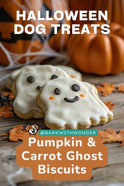 Treat your dog this Halloween with these homemade Pumpkin & Carrot Ghost Biscuits. A healthy, fun snack that's sure to make your pup’s tail wag! #barkwithwonder #homemadedogtreats #homemadedogfood #halloweendogtreats #falltreats #dogrecipes Dog Snacks Recipes, Dog Treats Pumpkin, Halloween Dog Treats, Easy Dog Treat Recipes, Treats Halloween, Dog Biscuits Homemade, Dog Pumpkin, Easy Dog Treats, Healthy Dog Treats Homemade