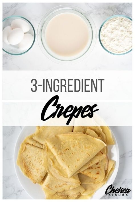 This easy crepe recipe feels way fancier than it is. With some simple ingredients, a frying pan, and my crepe-making pro tips, you'll have a stack of gorgeous crepes ready for sweet or savory toppings. Make them for a crowd and wow everyone at your next brunch... or just make them for yourself as a special weekend treat! #chelseadishes #brunchrecipes #brunchideas #basiccrepes #easycrepes Crepes 3 Ingredients, Easy Crepe Recipe For One, Basic Crepe Recipe Simple, Crepe Batter Recipe Easy, Easy Crepes Recipe Simple, Easy Crepes Recipe 3 Ingredients, Crêpe Recipes Easy, How To Make A Crepe, Easy Crepe Recipe 3 Ingredients