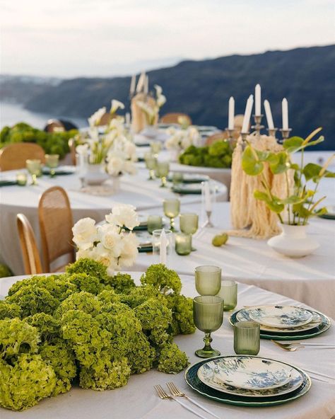 WEZOREE | This is just stunning�😍🤍 📋 @juliaandevita 📷 @vangelisphotography 📍@rocabellasantorini Rentals @maisontrilogie… | Instagram Lime Green Wedding Theme, Green Hydrangea Wedding, Green Tablescape, Lime Green Weddings, Table Arrangements Wedding, Green Themed Wedding, Garden Venue, Hydrangeas Wedding, Green Hydrangea