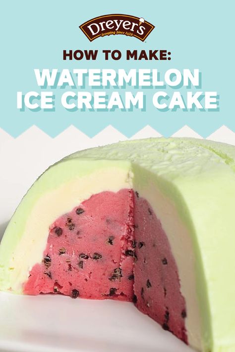 Lime sherbert, Dreyer’s Slow Churned Vanilla light ice cream, raspberry sorbet, and mini chocolate chips layer up to create this Watermelon Ice Cream Cake. Plus, your kids will love helping you create this fruit-inspired dessert recipe for your next summer party. Watermelon Sherbert Recipe, Ice Cream Bombe Recipe, Watermelon Recipes Dessert, Ice Cream Raspberry, Ice Cream Dessert Recipes, Lime Sherbert, Ice Cream Dessert Recipe, Sherbet Ice Cream, Icebox Desserts