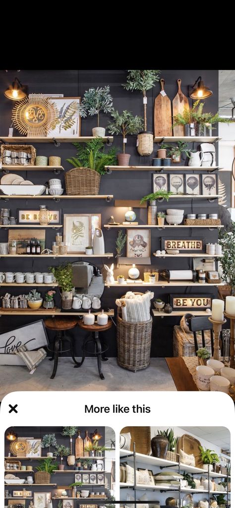 Retail Wall Shelving Display Ideas, Modern Farmhouse Retail Store, Retail Store Decor Ideas, Moody Retail Store, Shop Fittings Ideas Retail, Industrial Retail Store Design, Retail Shelving Ideas, Boutique Decor Ideas Retail Store Design, Candle Display Retail