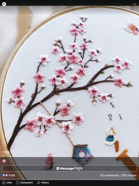 Nature Embroidery Inspiration, Bordados Aesthetic, Embroidery Cherry Blossom, Sakura Embroidery, Simple Hand Embroidery Designs, Cherry Blossom Embroidery, Pink Flower Embroidery, Cushion Embroidery, Simple Hand Embroidery Patterns