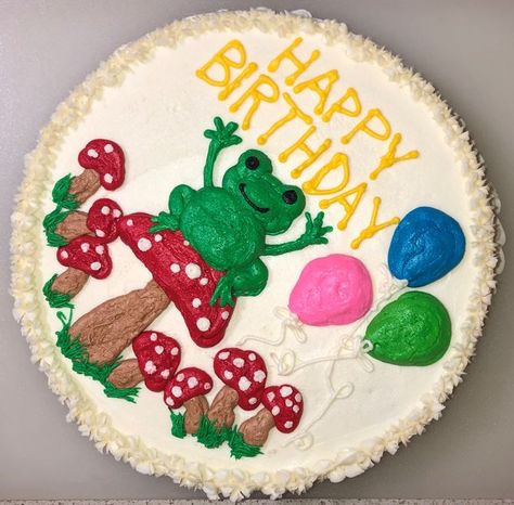 Diy Frog Cake, Frog And Mushroom Cake Ideas, Easy Mushroom Cake, Mushroom Decorated Cake, Mushroom And Frog Cake, Frog Cookie Cake, Mushroom Sheet Cake, Frog Themed Cake, Mushroom Cake Decoration