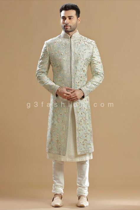 Pista Sherwani For Men, Embroidered Sherwani For Men, Indowestern Outfits For Men Engagement, Pista Green Sherwani Groom, Pista Green Kurta For Men, Latest Sherwani Designs For Men, Groom Sherwani Indian Latest, Wedding Sherwani For Groom Latest, Green Sherwani Groom