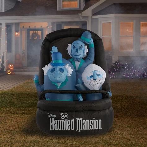 These weary dead travelers need a lift. Featuring three hitchhiking, ghostly gents from days gone, this Haunted Manion Inflatable makes an eye-popping addition to your Halloween decorations. Setup is super simple. Just plug it in, stake it down and watch the magic unfold. Mansion Halloween Decor, Haunted Mansion Halloween Decor, Mansion Yard, Halloween Yard Inflatables, Haunted Mansion Hitchhiking Ghosts, Doom Buggy, Ghost Scene, Haunted Mansion Decor, Outdoor Halloween Parties