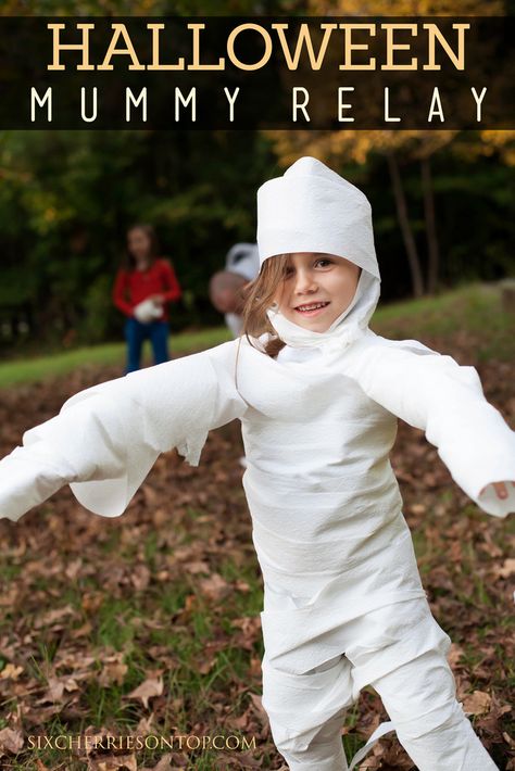 Mummy Relay Race Group Halloween Games, Mummy Wrap, Fun Halloween Games, Halloween Games For Kids, Halloween Bash, Halloween Mummy, Halloween Yard Decorations, Halloween Party Games, Halloween Games