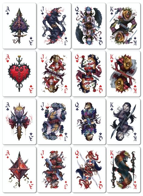 Poker Cards Aesthetic, Poker Card Design, Mythological Art, Cool Playing Cards, Card Aesthetic, Unique Playing Cards, Game Card Design, Mythical Beasts, Custom Playing Cards