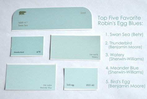 top five robins egg blue paint colors Watery Sherwin Williams, Egg Blue Paint, Robins Egg Blue Paint, Blue Bathroom Paint, Interior Paint Colors Schemes, Room Blue, Robin's Egg Blue, Blue Paint Colors, Bird Eggs