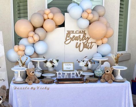 dazzlebyvicky on Instagram: 🐻𝒲ℯ 𝒞𝒶𝓃 ℬℯ𝒶𝓇𝓁𝓎 𝒲𝒶𝒾𝓉🐻 Candy dessert buffet by @dazzlebyvicky Bear Theme Treat Table, Goodie Table Ideas, Dessert Table For Gender Reveal, We Can Barley Wait Baby Shower Theme, Dessert For Baby Shower Ideas, Bearly Wait Table Decor, We Can Bearly Wait Treat Table, We Can Barely Wait Dessert Table, We Can Bearly Wait Baby Shower Table