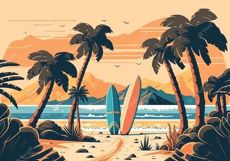 Palm Tree Illustration Design, Palm Tree Vector Illustration, Mountain And Sea Illustration, Beach Vector Art, Retro Beach Design, Vector Illustration Background, Illustration Art Beach, Beach Illustration Design, Mural Wall Art Interiors