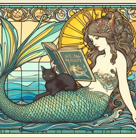 Mermaid Reading A Book, Mermaid Reading, Mermaid Art Nouveau, Mermaid Book, Cloisonne Art, Water Spirits, Art Deco Mid Century Modern, Mermaid Books, Pretty Mermaids