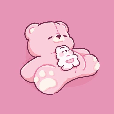 Chibi With Flowers, Pink Ft Icon, Pink Bear Aesthetic, Peach Doodle, 심플한 그림, Cute Animal Drawings Kawaii, Cute Doodles Drawings, Cute Easy Drawings, Cute Little Drawings