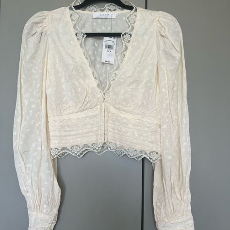 Ivory Blouse With Puffy Sleeves And Delicate Lace Detailing. Hook And Eye Closure, Fully Lined. White Lace Top Long Sleeve, Beige Lace Top, Lacy Blouse, Pink Long Sleeve Blouse, Wrap Top Blouse, Ivory Blouse, Making Clothes, Wardrobe Wishlist, Lace Short Sleeve Top