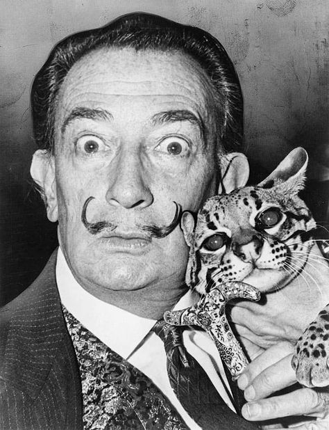 Salvador Dali with his pet ocelot Celebrities With Cats, Salvador Dali Art, Dali Art, Istoria Artei, Cat People, Salvador Dali, Gustav Klimt, Andy Warhol, Henri Matisse