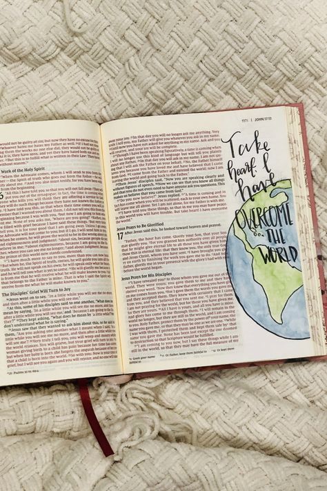 Bible John Aesthetic, John 16:33 Bible Journaling, John 16:33, Bible Journaling John, John Bible Journaling, Bible John, Bible Study Books, Bible Drawing, Christmas Bible