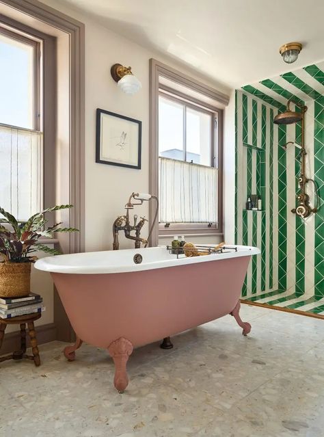 Playful remodelled bathroom with green and white striped shower | Homes & Interiors Scotland Victorian Style Bathroom, Cast Iron Bath, Pink Bathroom Decor, Cast Iron Bathtub, Victorian Townhouse, Cast Iron Tub, Roll Top Bath, Bathroom Paint Colors, Vintage Bathrooms