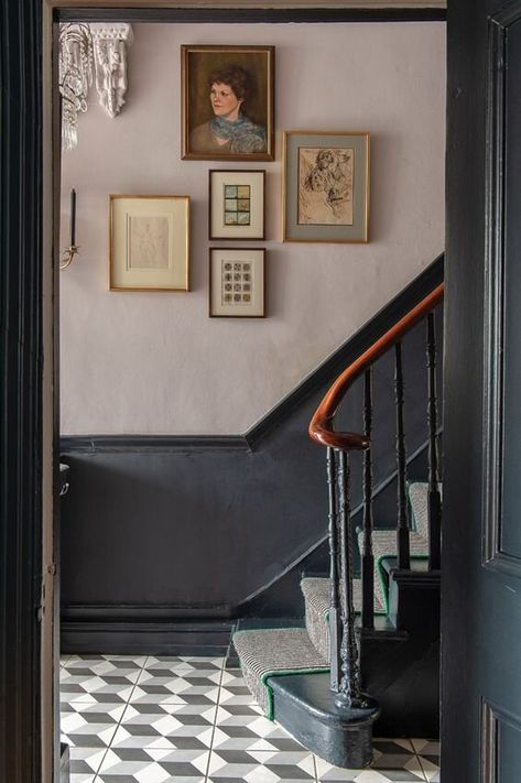 The colourfully-whipped stripy stair runner in the stunning Victorian hallway of Carol Maxwell  @maxmademedoit Victorian House Interiors, Victorian Hallway, Hallway Colours, Victorian Terrace House, Hallway Inspiration, Dado Rail, Hal Decor, Hallway Designs, Painted Stairs