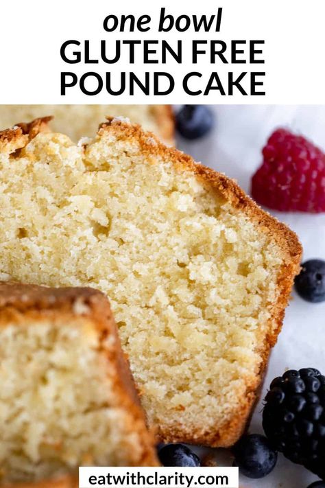 This gluten free pound cake is moist, tender and so easy to make. This pound cake is perfect with whipped cream and berries for an easy summer dessert that's made in one bowl. This gluten free cake can be made dairy free! Gf Pound Cake Recipe, Gluten Free Pound Cake Recipes Moist, Paleo Pound Cake, Gf Pound Cake, Gluten Free Fall Desserts, Dairy Free Greek Yogurt, Gluten Free Pound Cake, Gluten Free Cake Recipe, Pound Cake Recipe