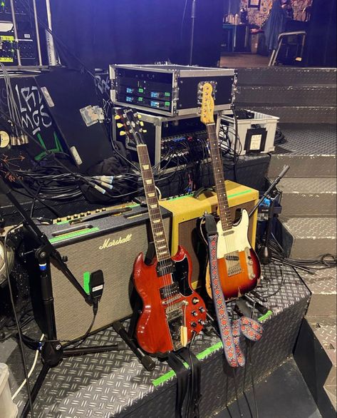 Guitar Band Aesthetic, Band Studio Aesthetic, Music Composition Aesthetic, Band Rehearsal Aesthetic, Fender Guitar Aesthetic, Band Rehearsal Room, Aesthetic Drums, Aesthetic Bass Guitar, Indie Band Aesthetic