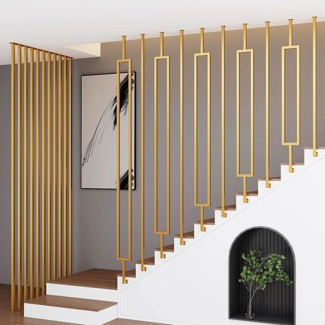 Stair Railings Entrance U-Shaped Stair Handrail Modern Style Square Tube Design Handrail Gold Wrought Iron Decorative Railing For Corridor Attic Porch Safety Hand Rail (Size : 30cm/11.8inch) : Amazon.ca: Tools & Home Improvement Staircase Side Railing Design, Brushed Brass Stair Railing, Stairs Partition Design Modern, Cnc Handrail Design, Modern Hand Rail Design, Stair Designs Ideas, Wrought Iron Staircase Railing, Duplex Railing Design, Stairs Steel Railing Design