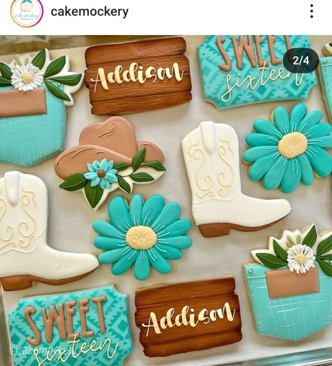 Western Birthday Cakes Women, Western Birthday Cookies, Blue Wedding Cookies, Western Sugar Cookies, Sweet 16 Food Ideas, Birthday Deserts, Country Sweet 16, Western Cookies, Western Birthday Cakes