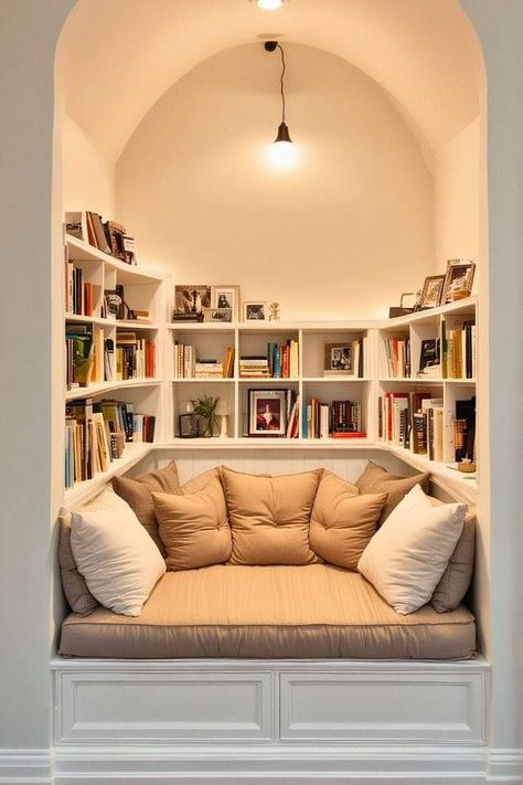 Book Nook Living Room, Cozy Nooks Ideas, Office With Reading Nook, Reading Room Ideas Cozy, Booknook Ideas, Cozy Nook Ideas, Cozy Book Nook, Cozy Home Library, Home Library Rooms