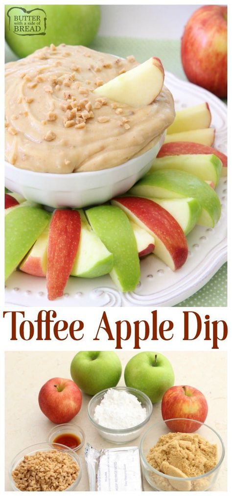 Fruit Dip With Cream Cheese, Toffee Apple Dip, Toffee Dip, Apple Dip Recipe, Dip With Cream Cheese, Caramel Apple Dip, Fruit Dips Recipes, Diy Easy Recipes, Sweet Dips