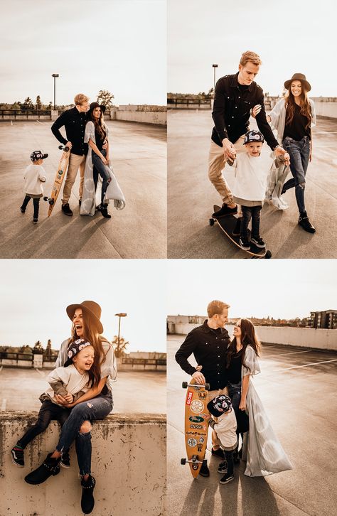 Styling a family for a skateboarding lifestyle shoot in a parking garage at sunset. Fun family photos your clients will love. #skateboardphotos #skateboardfamilyphotos #parkadephotos #familyphotos #lifestylefamilyphotography #aunthenticfamilyphotography Rock Family Photoshoot, Skate Family Photoshoot, Streetwear Family Photos, Hipster Family Photoshoot, Family Parking Garage Photoshoot, Skater Family Photoshoot, Skateboard Family Photoshoot, Skater Family Photos, Parking Garage Photoshoot Family