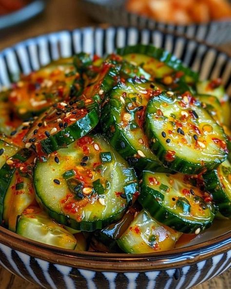 Corey Dorsey Spicy Korean Cucumber, Korean Cucumber Salad, Korean Cucumber, Recipes Spicy, Asian Cucumber Salad, Spicy Korean, Cucumber Recipes, Yummy Salad Recipes, Cajun Recipes