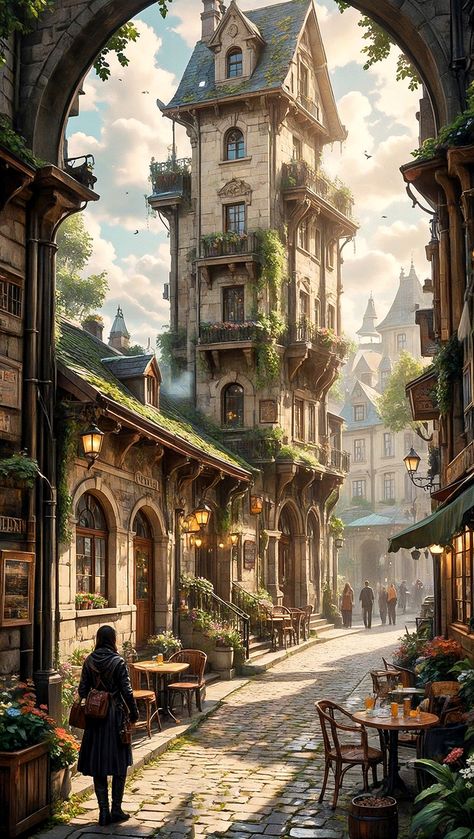 Fantasy Town Square Concept Art, Fantasy City Building, Fantasy City Illustration, Fantasy Cities Art, Fantasy Town Aesthetic, Dnd City Art, Fantasy City Street, Town Fantasy Art, Fae City