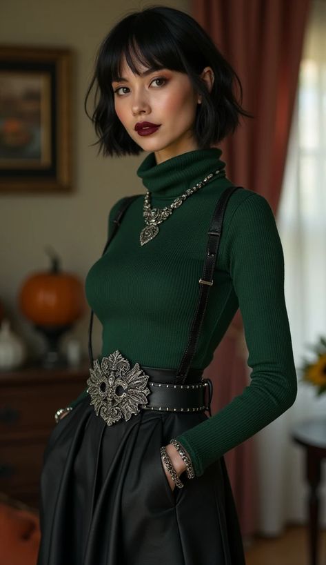 Step into autumn with this stunning outfit featuring an elegant woman in a green turtleneck, black leather skirt, and vintage jewelry 🍂✨ Perfect for a photoshoot or just adding a touch of sophistication to your everyday look. The rich hues and textures are perfect for the cozy season ahead. #fallfashion #autumndecor #interiorfashion #outfitinspiration #vintagestyle #fashionphotoshoot #ootd 🍁 #elegantwoman #aestheticstyle #blackleatherskirt #greeneryvibes Green Winter Outfits, Green Turtleneck Outfit, 1800 Clothing, Turtleneck Outfit Layering, Western Gothic, Green Turtleneck, Turtleneck Outfit, Black Leather Skirt, Cozy Season