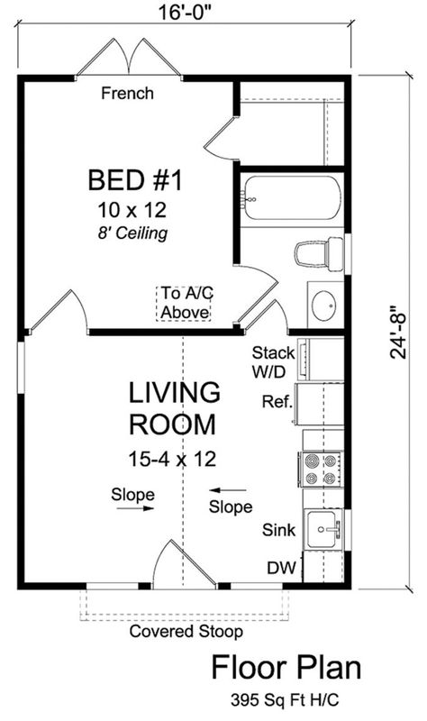 1 Bedroom Apartment Floor Plan Small Spaces, Garage Apartment Floor Plans 1 Bedroom, Garage Adu Conversion, 16x32 Floor Plans, Outdoor Kitchen And Pool, 20x30 House Plans, Guest House Plans, Garage Guest House, Small Cottage House Plans