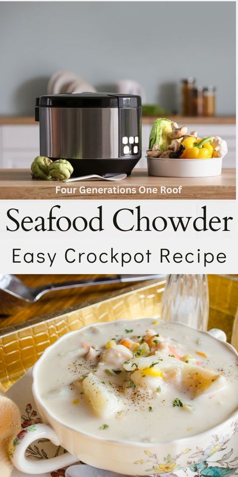 seafood chowder recipe using a crockpot Fish Chowder Crockpot, Crockpot Seafood Chowder, Seafood Chowder Recipe Crockpot, Chowder Recipes Crockpot, Crockpot Seafood, Seafood Chowder Soup, Seafood Medley Recipes, Seafood Chowder Recipe, Seafood Soups