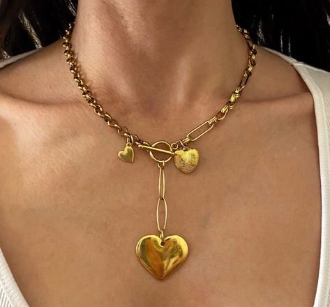 Excited to share this item from my #etsy shop: Gold heart necklace, heart charms necklace, steel chain necklace with charms, toggle necklace, Valentine’s Day gift, y heart necklace #toggle #lariatnecklace #ynecklace #valentinesdaygift Chain Necklace With Charms, Necklace With Charms, Charms Necklace, Toggle Necklace, Necklace Heart, Gold Heart Necklace, Tiny Heart, Big Heart, Gold Heart