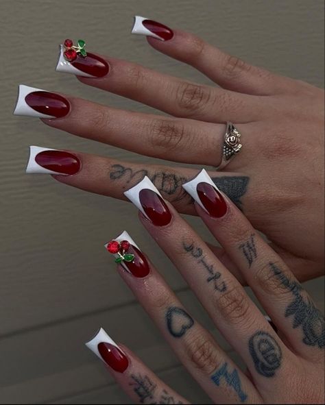 Nails Ideas Short, Vday Shoot, Nail 2023, Red And White Nails, Red Acrylic Nails, Duck Nails, Cherry Nails, Long Nail Designs, Colored Acrylic Nails