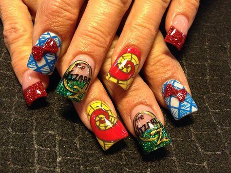 Oli123 Wonder Woman Acrylic Nails, Dorothy Nails Wizard Of Oz, Wizard Of Oz Nail Art, Disney 100 Years Of Wonder Nails, Nail Art Zodiac Signs, Runway Nails, Rasta Nails, Gothic Nails, Seasonal Nails