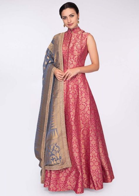 Broket Design Dress, Brocade Gown Indian, Brocade Designs Dresses, Banarsi Gown Design, Banarasi Anarkali Suits, Banarsi Anarkali Suits, Brocade Anarkali Suits, Banarasi Dress Designs, Brocade Dress Indian