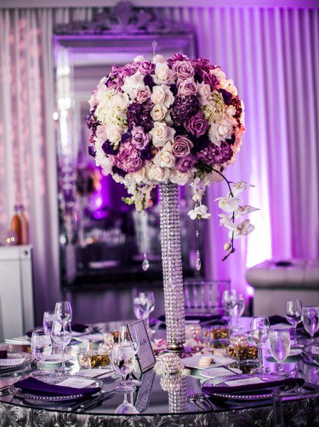 Love this floral centerpiece!!!     Luxury Glam Wedding Reception Photos on WeddingWire Plum Wedding Decorations, Purple Wedding Centerpieces, Purple And Silver Wedding, Plum Wedding, Wedding Reception Centerpieces, Lavender Wedding, Beautiful Centerpieces, Glam Wedding, Reception Decor