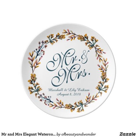 Mr and Mrs Elegant Watercolor Porcelain Plate Painted Wedding Plate, Wedding Plates Diy, Wedding Platters, Wedding Plate, Bride Diy, Anniversary Gift Diy, Groom Gifts, Birthday Plate, Wedding Gift Diy