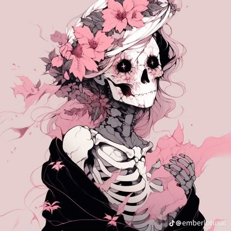 Undead Drawing, Spooky Aesthetic Pfp, Anime Skeleton, Dark Pink Halloween Aesthetic, Pink Goth Pfp, Female Skull, Pastel Spooky, Skull Pfp, Skeleton Oc