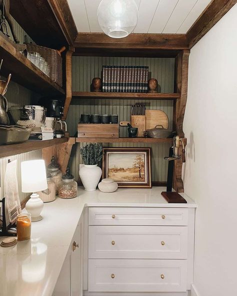 26 Walk-in Pantry Organization Ideas for a Tidy Space Vintage White Cabinets, Stained Wood Beadboard Walls, Stained Pantry Shelves, Walk In Pantry Decor, Pantry With Appliances, Pantry Wood Shelves, Stained Beadboard Walls, Beadboard Pantry, Pantry Behind Kitchen Wall