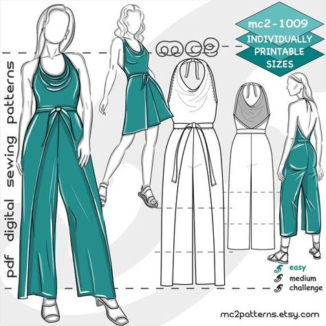 Digital PDF-pattern for sewing a Wrap-around Beach-style Jersey Jumpsuit/Sarong with Halter-Neck. Jumpsuit-Sarong is an amazing garment-wrap. Put it on as easy as 1-2-3: 1 - tie the neck-straps, 2 - tie the waist-straps at the back, 3 - pull the pant backwards between legs & tie the waistband at the Body Measurements Chart, Beach Jumpsuit, Jumpsuit Pattern Sewing, Beach Jumpsuits, Body Measurement Chart, Jersey Jumpsuit, Wrap Jumpsuit, Wrap Pants, Playsuit Dress